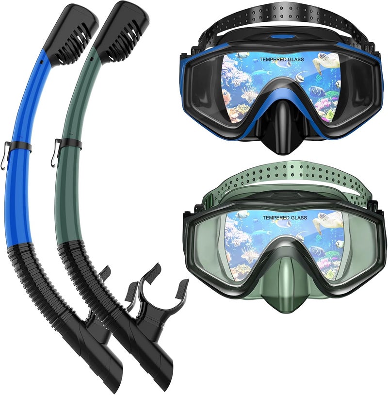 ACQCES Snorkeling Gear for Adults, Dry Top Snorkel Mask Set 2 Pack Scuba Diving Mask Snorkel Gear Anti Fog Snorkeling Packages Tempered Glass Panoramic View Nose Cover - Image 1